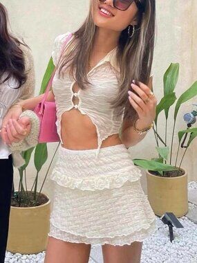 Cream and White Ruffle Stretchy Chloe Top and Mini Skirt set